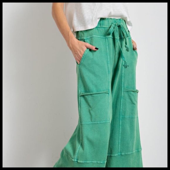 EASEL "Perfect Cargo" Terry Knit Mineral Washed Flared Leg Pants Raw Seams, Hems - Picture 9 of 15